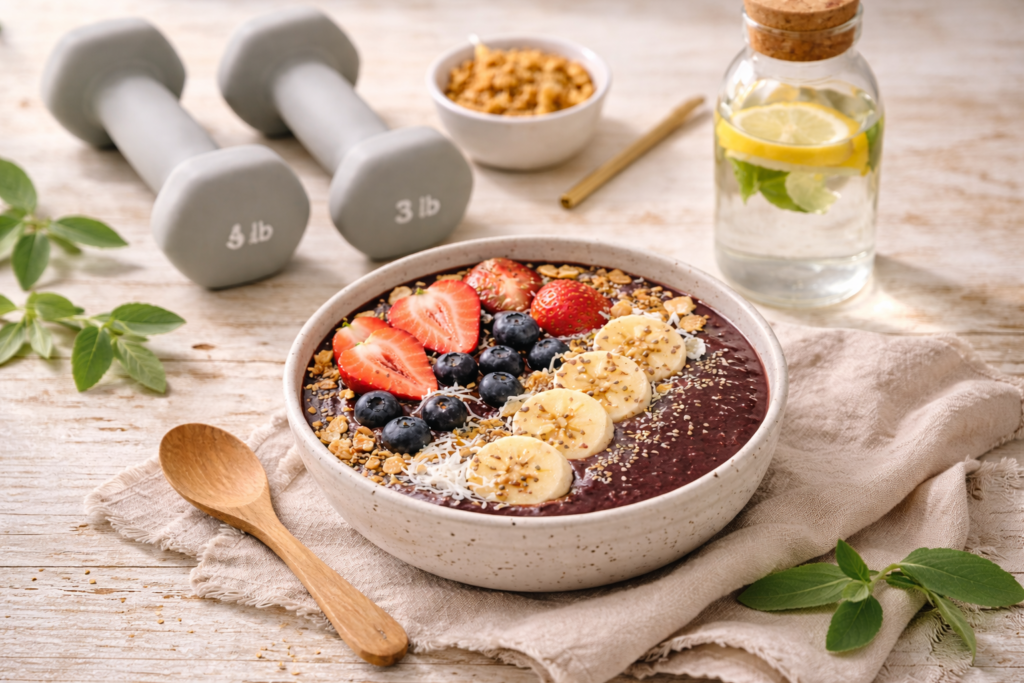 Nutritious açaí bowl alongside light weights and water supporting holistic health