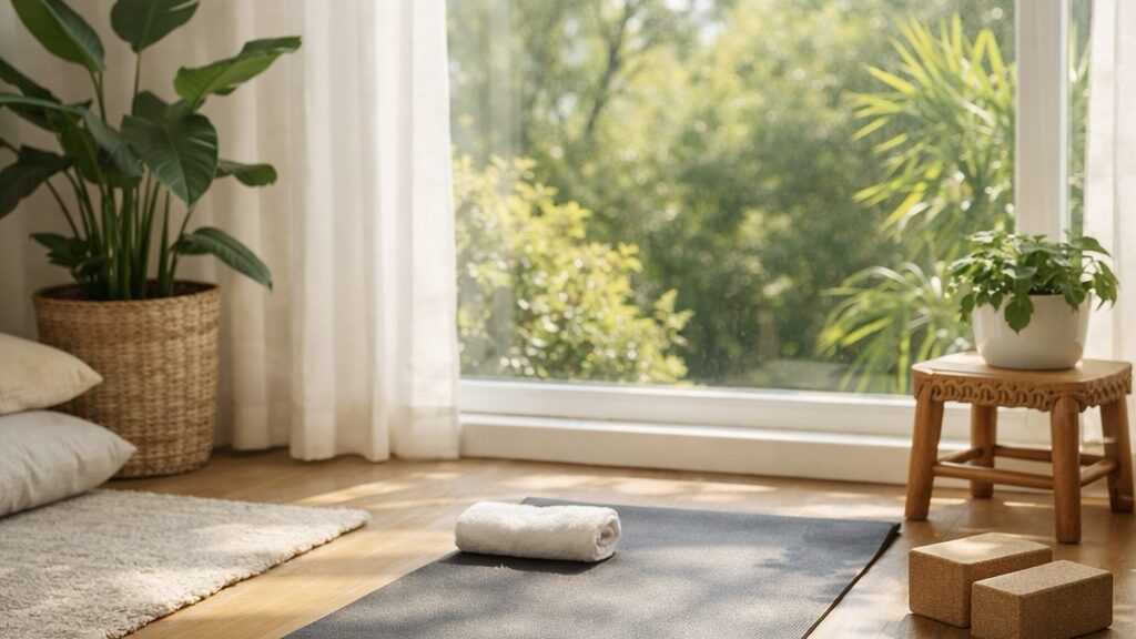 Yoga mat in a calm, sunlit home space reflecting a sustainable and supportive approach to strength and wellness