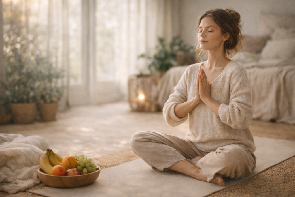 Woman practicing gentle yoga in a cozy, sunlit room with fresh fruit nearby