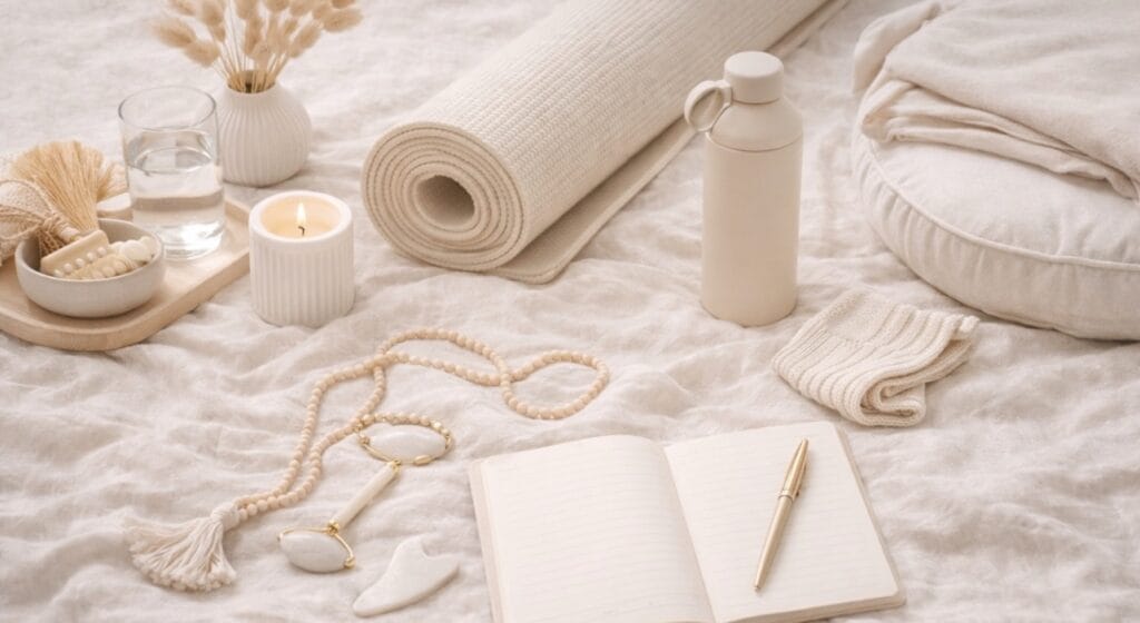 Neutral-toned self-care flat lay featuring a journal and pen, rolled yoga mat, water bottle, candle, folded blankets, and calming wellness items arranged on soft bedding.