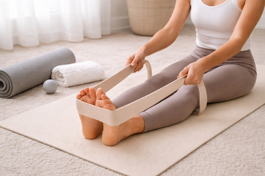 Active recovery stretching with yoga strap and foam roller after a workout