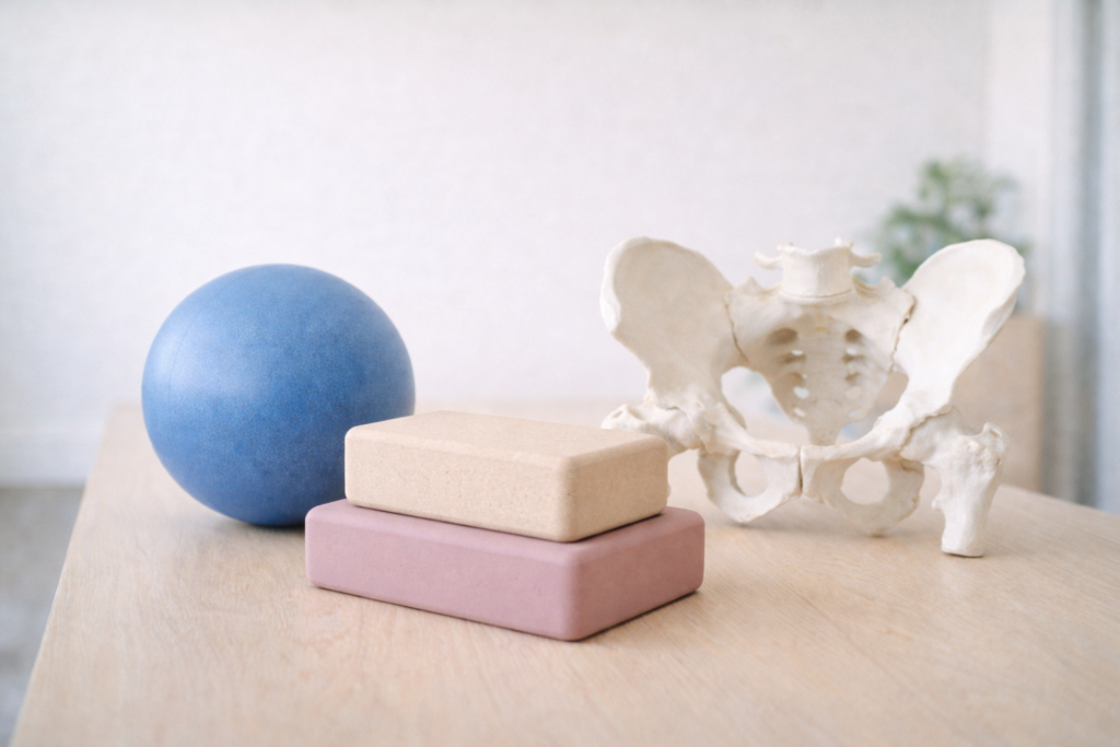 Bright therapy room setup with Pilates ball, soft-toned yoga blocks, and pelvic model on a wooden table.
