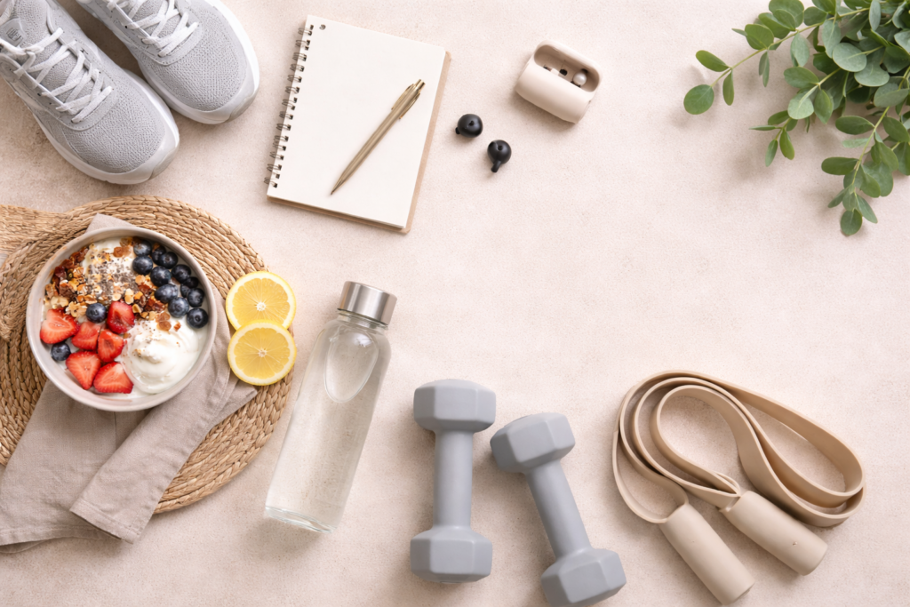 Balanced wellness habits including movement, nourishment, and recovery