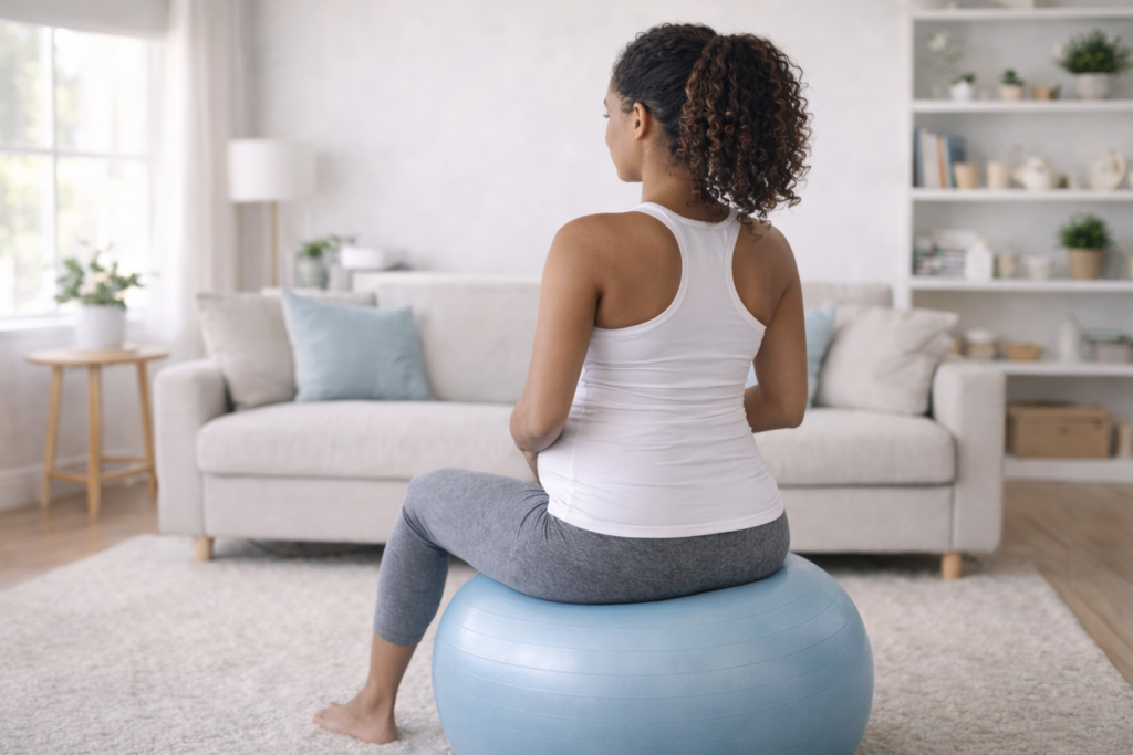 Pregnant women doing breathing and pelvic floor exercises in a calm room with an exercise ball.